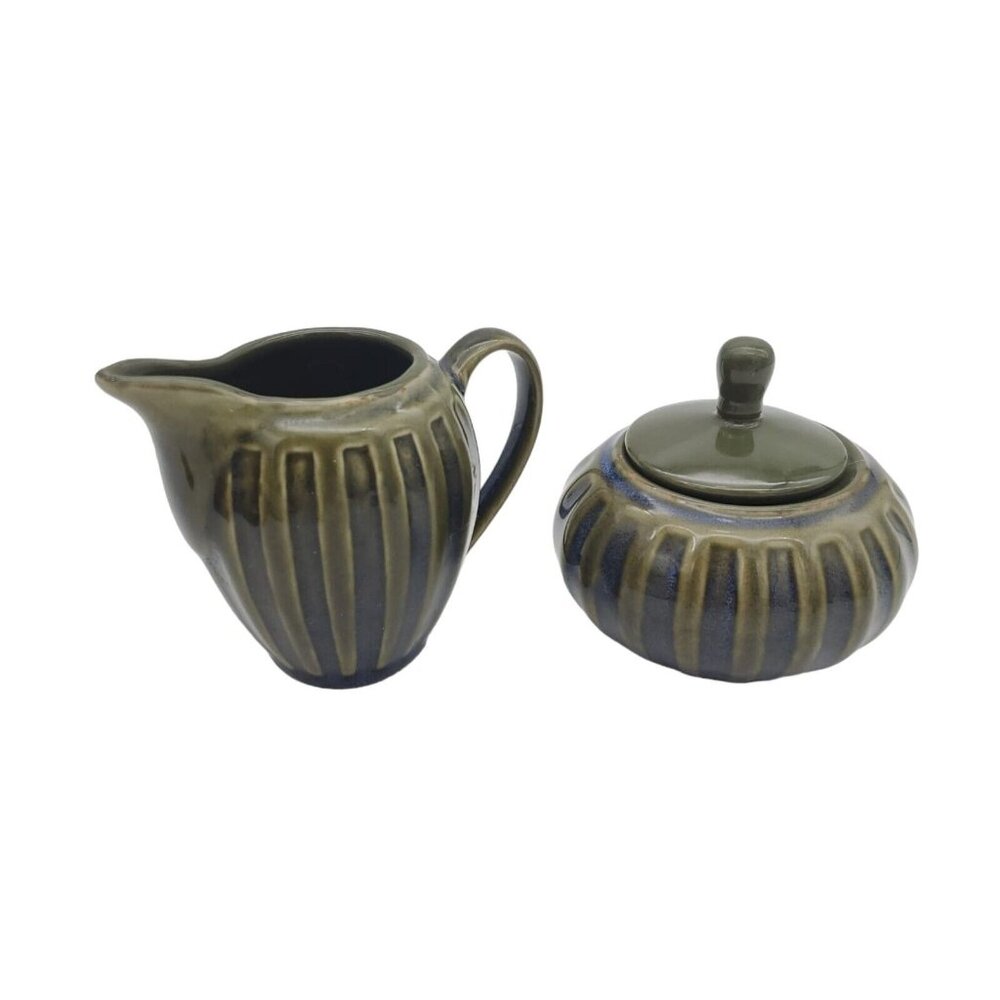 Unique Vintage MCM Avacado  Blue Striped Sugar And Creamer Set Good‎ Condition